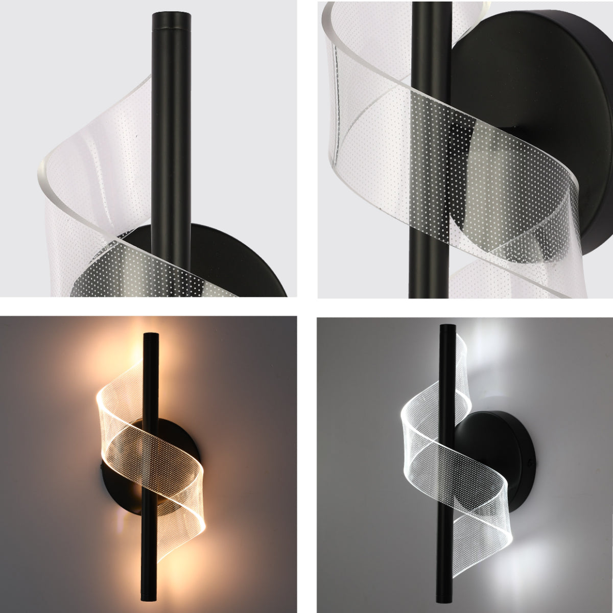 Primer plano de un aplique de pared moderno en forma de espiral, ideal para ambientes contemporáneos y elegante iluminación en salas.
