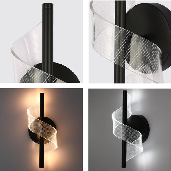 Primer plano de un aplique de pared moderno en forma de espiral, ideal para ambientes contemporáneos y elegante iluminación en salas.