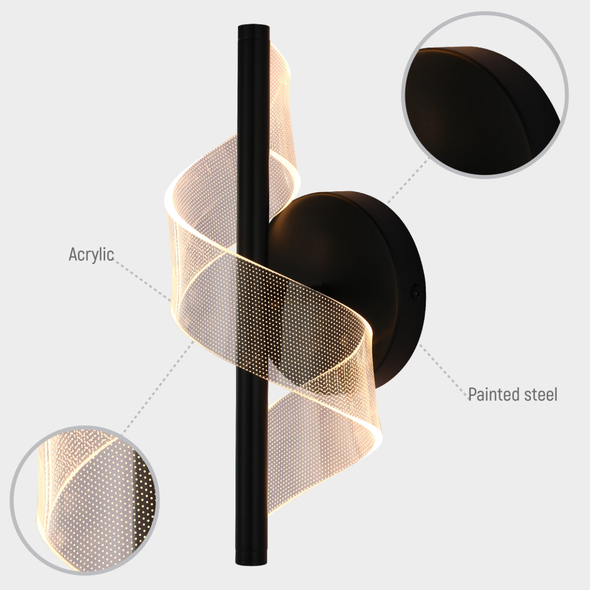 Apliqué de pared moderno en espiral con acabado cromo, ideal para salones de estilo contemporáneo y iluminación versátil.