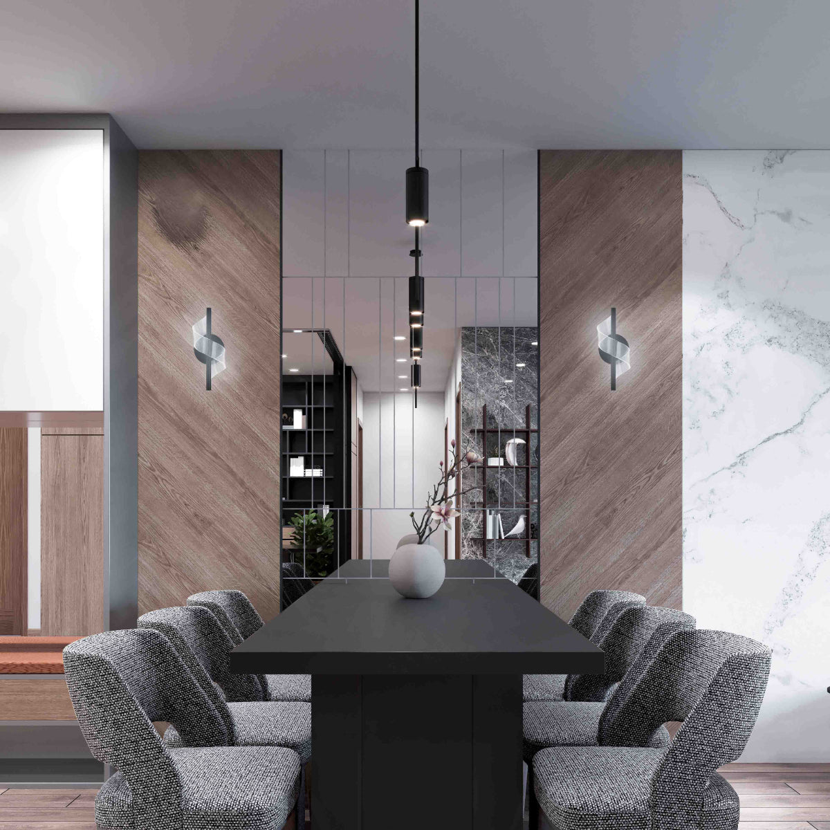 Apliqué de pared LED en espiral moderno, ideal para espacios contemporáneos y con estilo minimalista. Perfecto para salas o dormitorios.