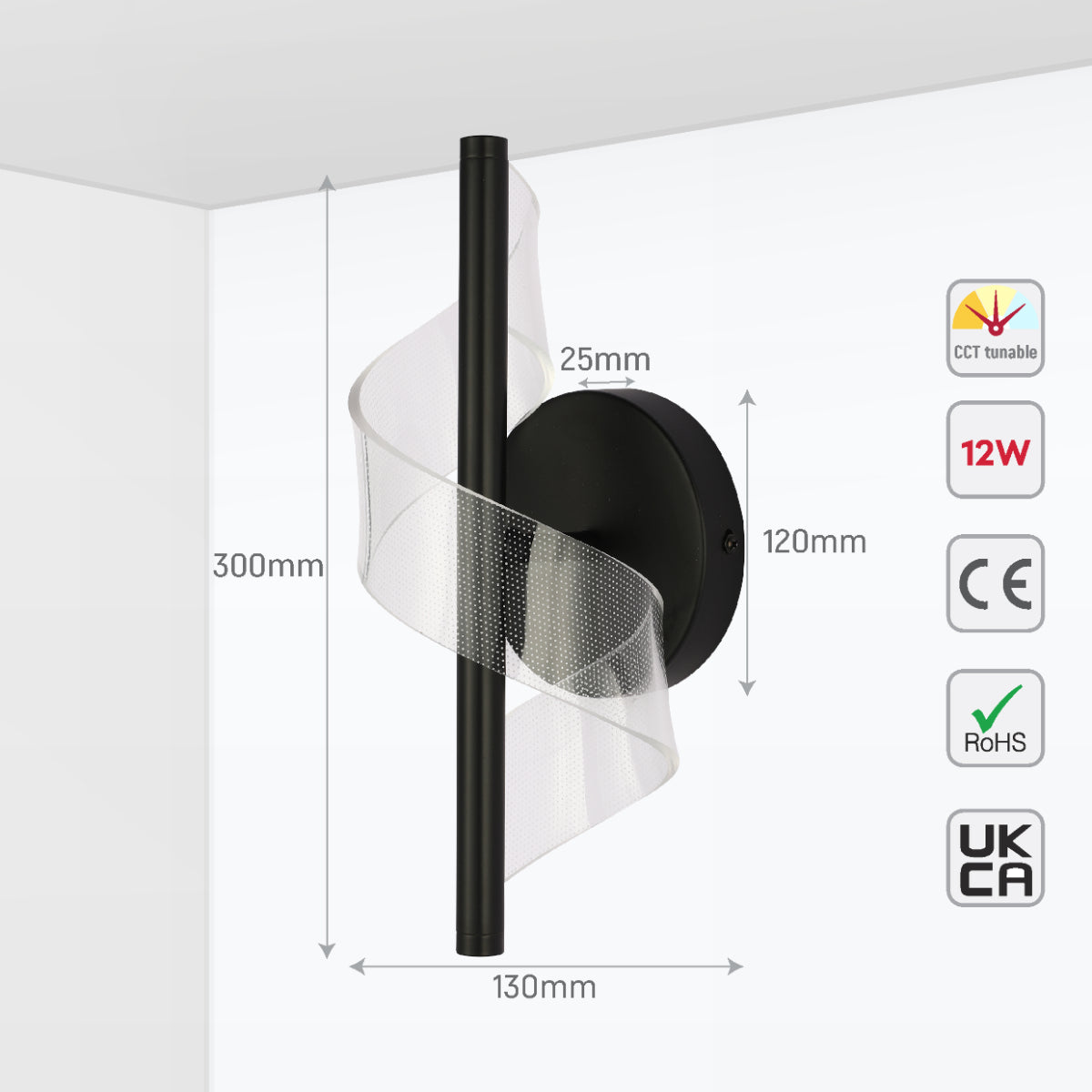 Lámpara de pared LED en espiral moderna, ideal para salas contemporáneas con estilo elegante y tecnología de cambio de temperatura de luz.