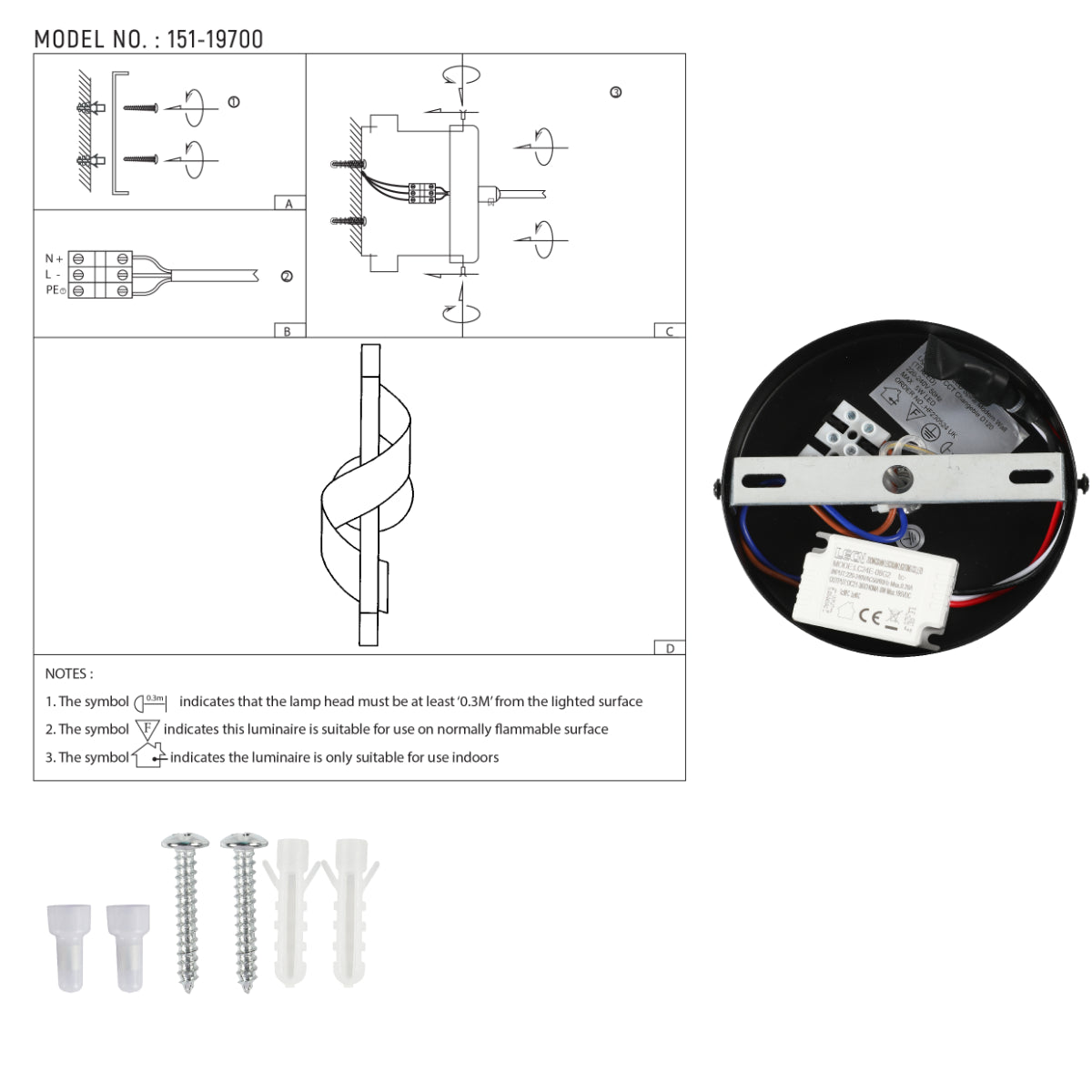 Dibujo técnico de aplique de pared en espiral, ideal para interiores modernos, mostrando dimensiones y características de instalación.