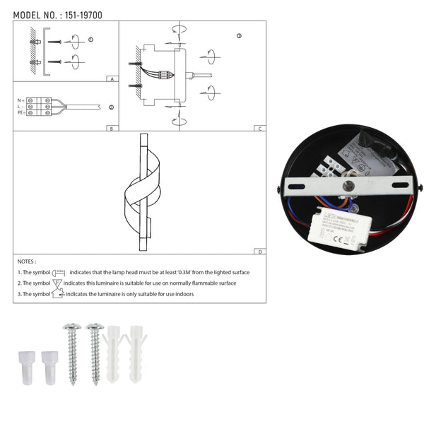 Dibujo técnico de aplique de pared en espiral, ideal para interiores modernos, mostrando dimensiones y características de instalación.