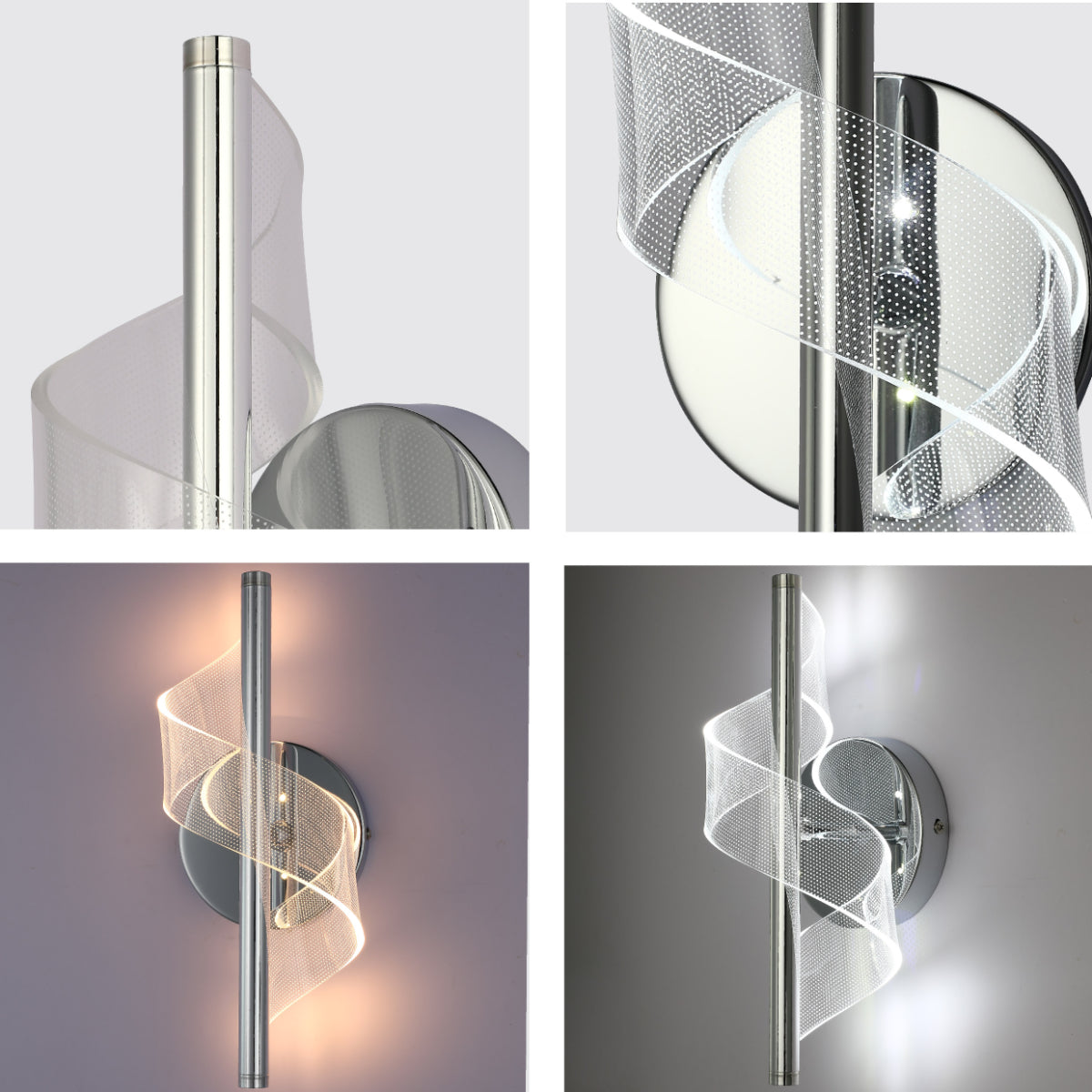 Detalle de aplique de pared LED en espiral, moderno, ideal para espacios contemporáneos con estilo minimalista.