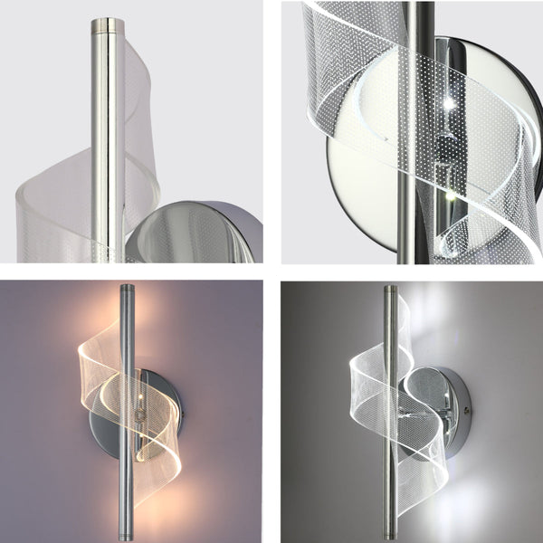 Detalle de aplique de pared LED en espiral, moderno, ideal para espacios contemporáneos con estilo minimalista.