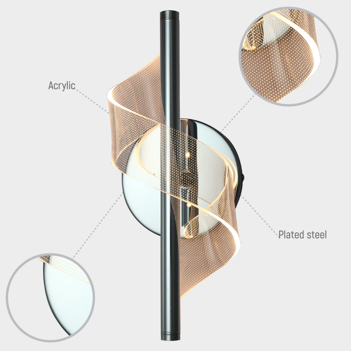 Lámpara de pared LED moderna en espiral, ideal para salones contemporáneos con estilo elegante y funcionalidad ajustable.