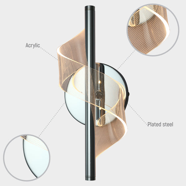 Lámpara de pared LED moderna en espiral, ideal para salones contemporáneos con estilo elegante y funcionalidad ajustable.