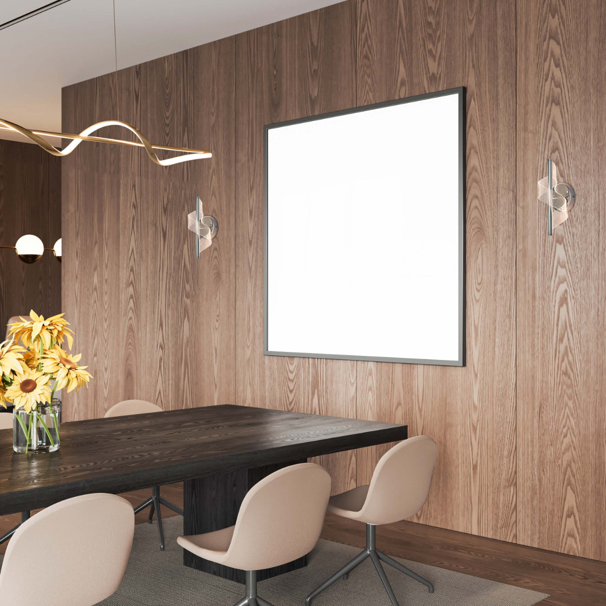Aplique de pared LED en espiral con acabado en cromo, ideal para decoraciones modernas en salas o pasillos.
