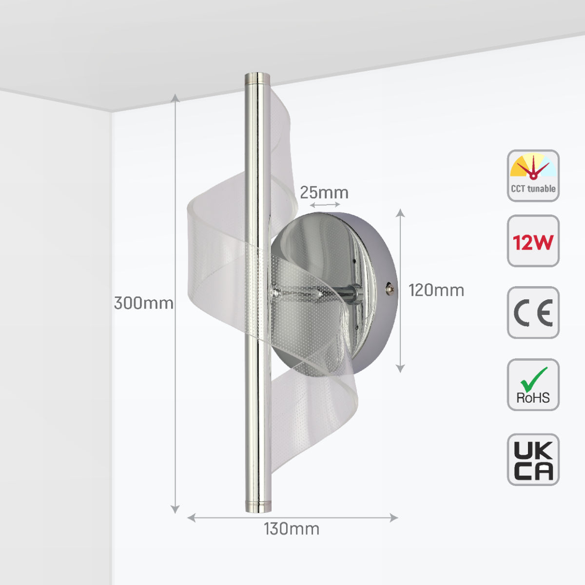 Aplique de pared en espiral moderno de cromo, ideal para salas contemporáneas con iluminación LED regulable en temperatura.