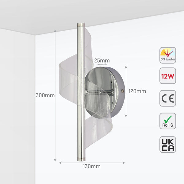 Aplique de pared en espiral moderno de cromo, ideal para salas contemporáneas con iluminación LED regulable en temperatura.