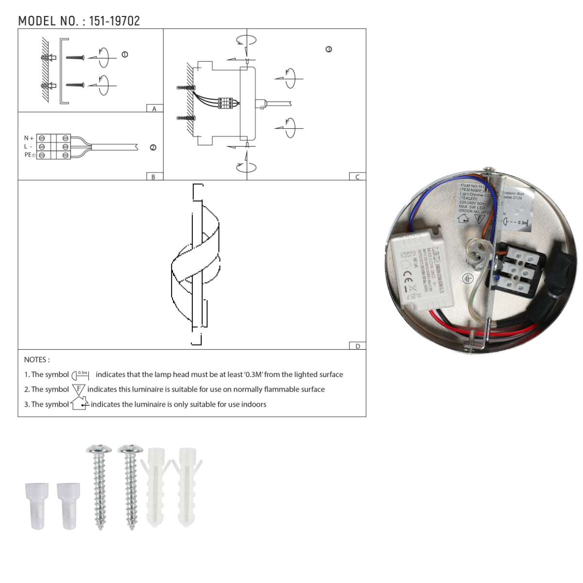 Dibujo técnico de un aplique de pared LED en espiral, ideal para decoración moderna, mostrando dimensiones y especificaciones de instalación.
