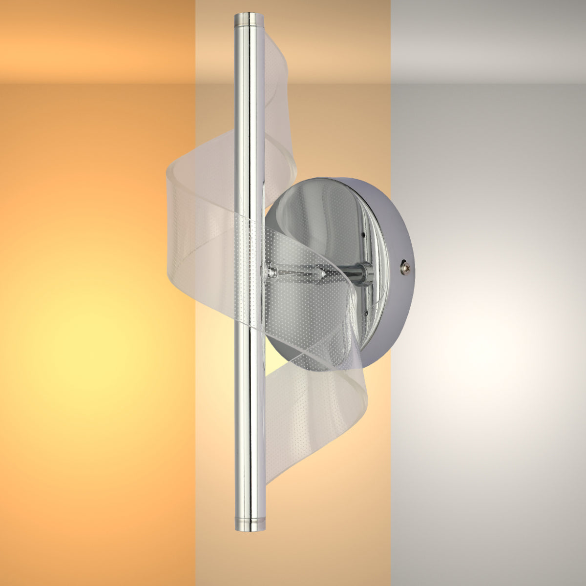 Aplique de pared moderno en espiral LED con acabado cromado, ideal para salones elegantes y decoraciones contemporáneas.
