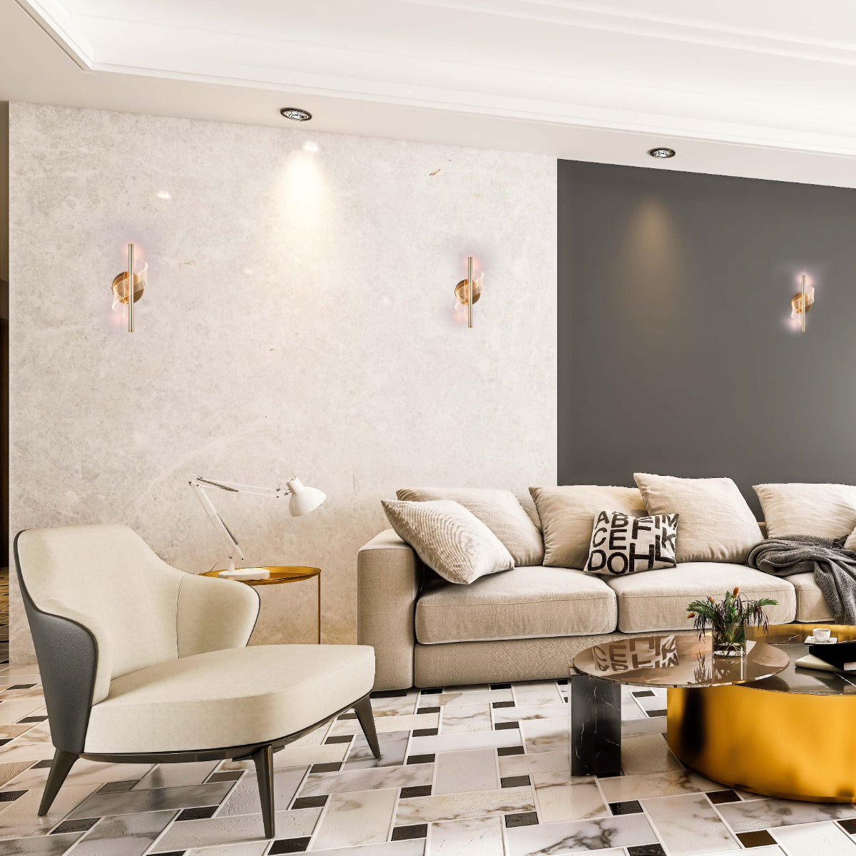 Aplique de pared LED en espiral moderno de cromo, ideal para salones con decoración contemporánea y estilo minimalista.