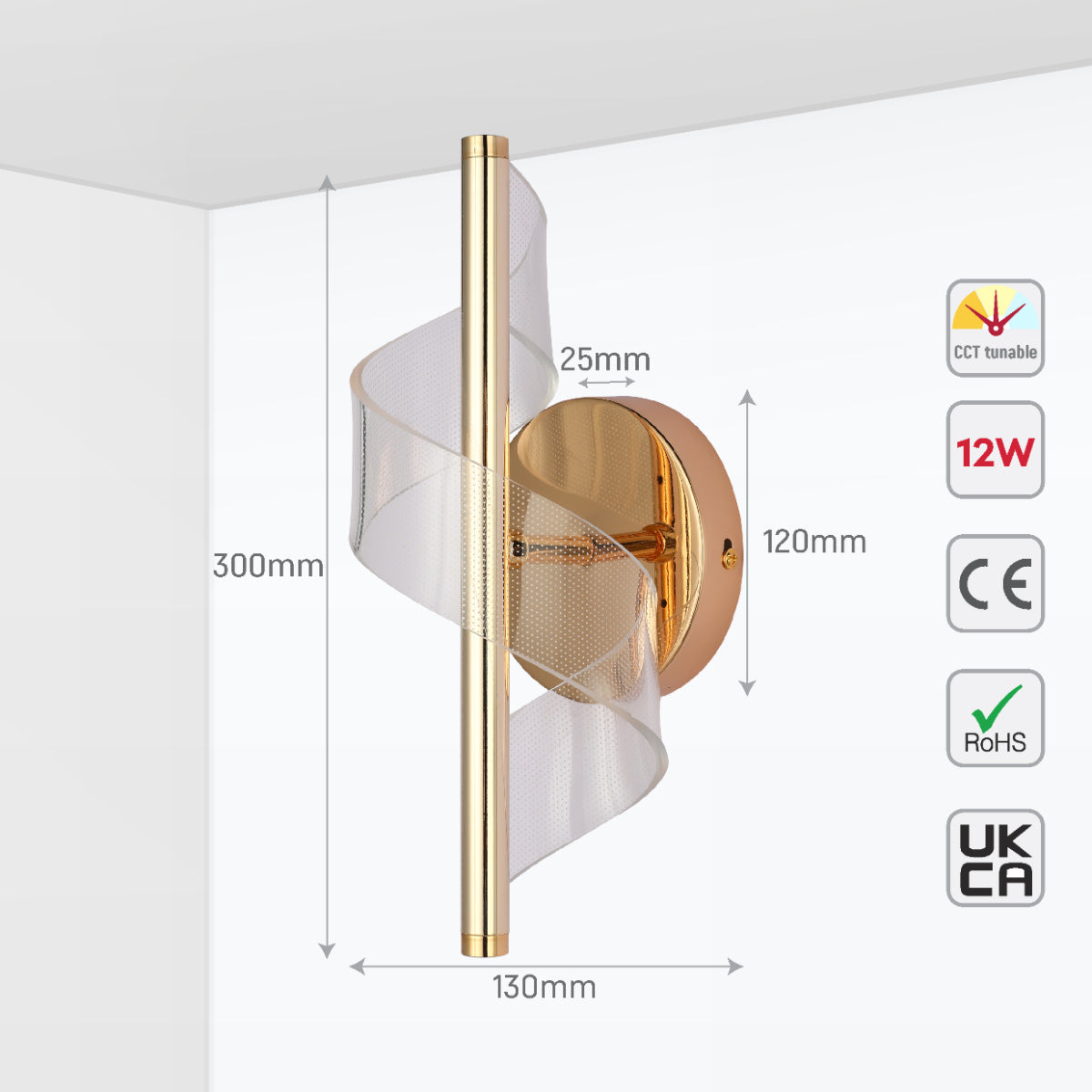 Aplique de pared en forma de espiral, ideal para salas modernas, con luz LED regulable y acabado en cromo.