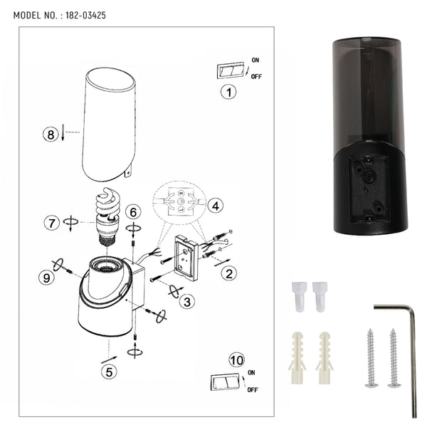 Dibujo técnico de aplique de pared exterior, ideal para entradas modernas, con clasificación IP54 y detalles de instalación.