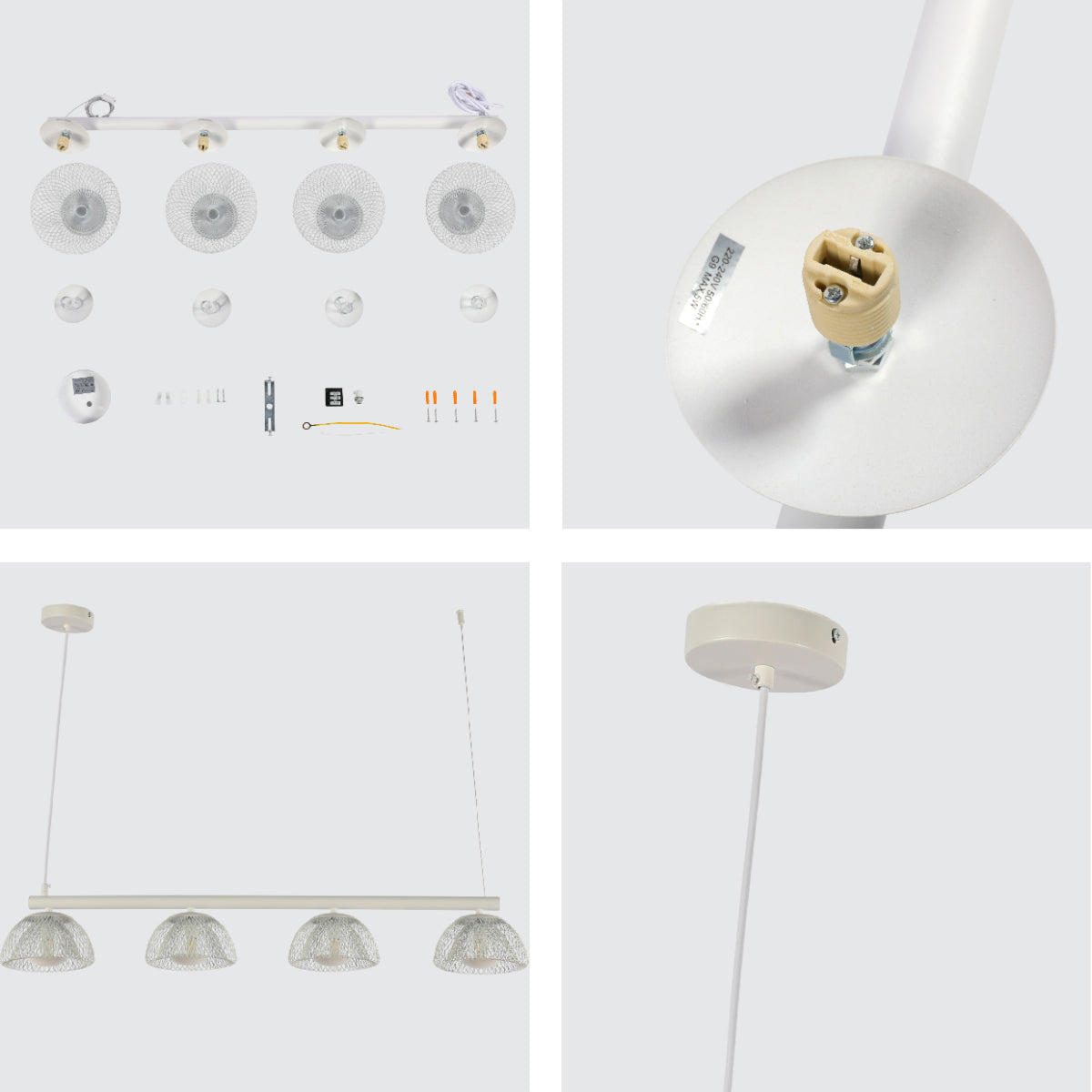 Cerca de la lámpara de araña de malla blanca moderna, con bombillas G9, ideal para salones con estilo minimalista.