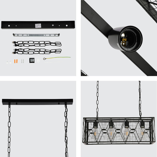 Candelabro industrial de metal negro con jaula, perfecto para comedores rústicos o espacios modernos con un toque elegante.