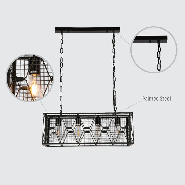 Lámpara de araña de metal negro con diseño de jaula, ideal para comedores de estilo industrial y rústico.