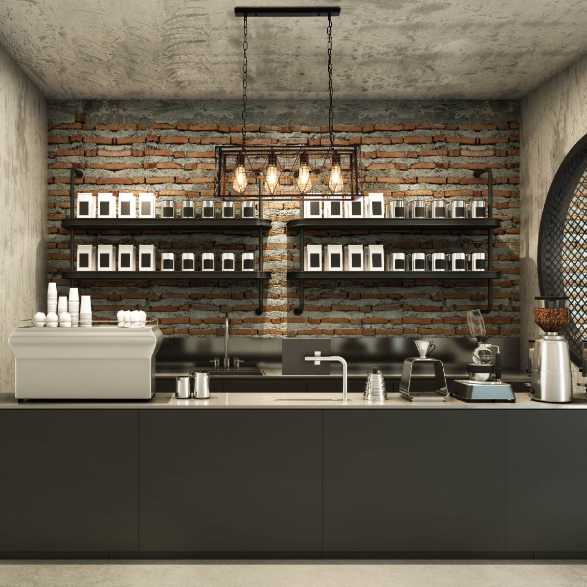 Lámpara de araña industrial con jaula de metal, perfecta para un comedor rústico o un espacio contemporáneo elegante.