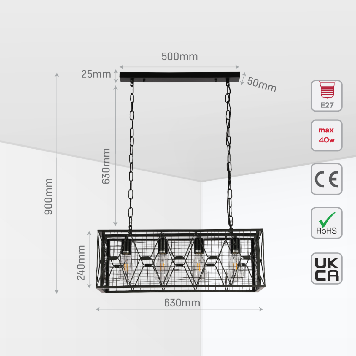 Imagen principal de una lámpara de jaula metálica negra de estilo industrial, ideal para comedores con decoración rústica.