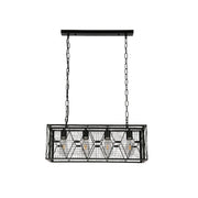 Lámpara de araña industrial con jaula metálica, perfecta para comedores de estilo farmhouse contemporáneo.