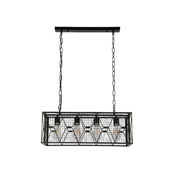 Lámpara de araña industrial con jaula metálica, perfecta para comedores de estilo farmhouse contemporáneo.