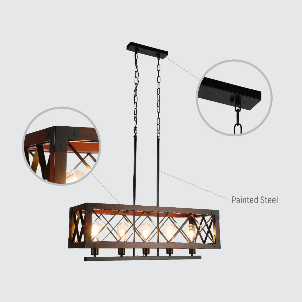 Lámpara de jaula rectangular rústica con acentos de madera, perfecta para comedores de estilo industrial.
