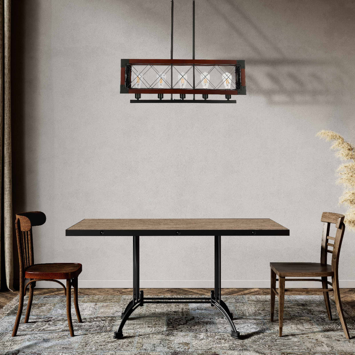 Lámpara de araña rectangular de jaula de madera, ideal para comedores rústicos con cinco luces, aportando estilo acogedor y sofisticado.
