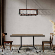 Lámpara de araña rectangular de jaula de madera, ideal para comedores rústicos con cinco luces, aportando estilo acogedor y sofisticado.