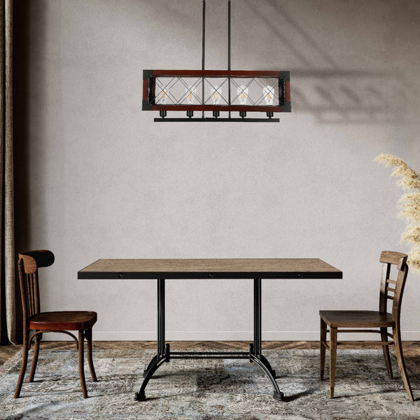 Lámpara de araña rectangular de jaula de madera, ideal para comedores rústicos con cinco luces, aportando estilo acogedor y sofisticado.