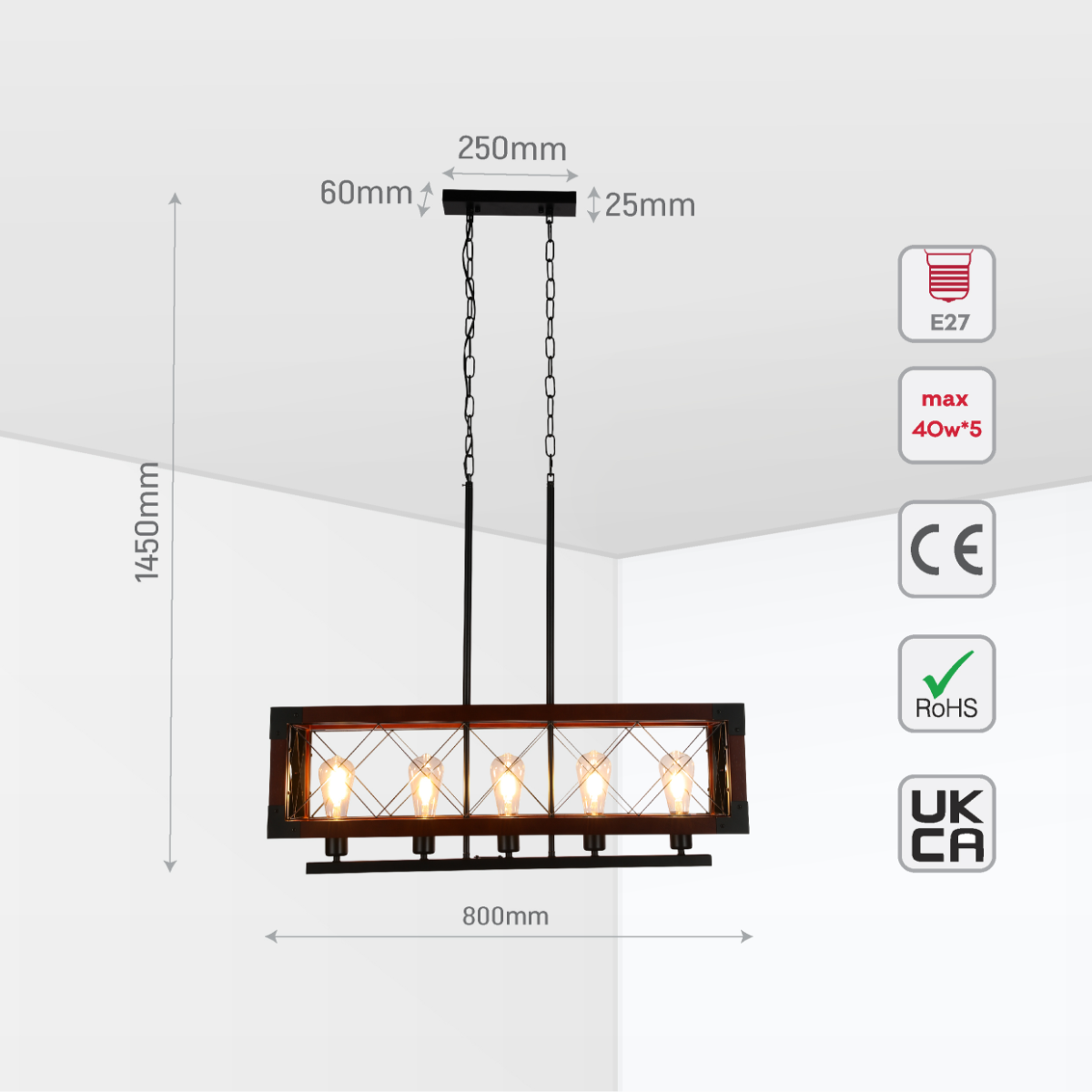 Chandelier rectangular rústico con jaula de madera, ideal para comedores de estilo industrial y casas de campo.
