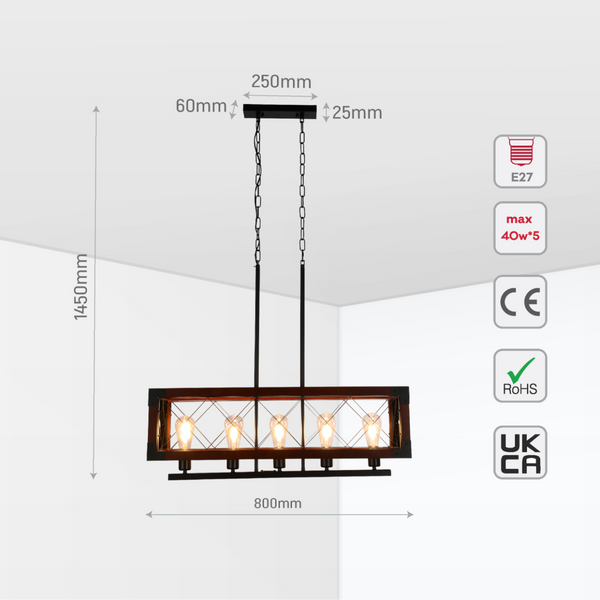 Chandelier rectangular rústico con jaula de madera, ideal para comedores de estilo industrial y casas de campo.