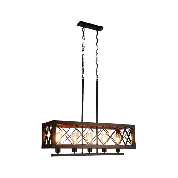 Chandelier rectangular rústico con jaula de madera, ideal para comedores con decoración campestre moderna y cálida iluminación.
