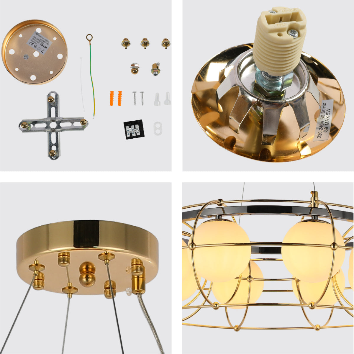 Primer plano de una elegante lámpara de araña con detalles geométricos dorados, perfecta para salones de estilo moderno y vintage.