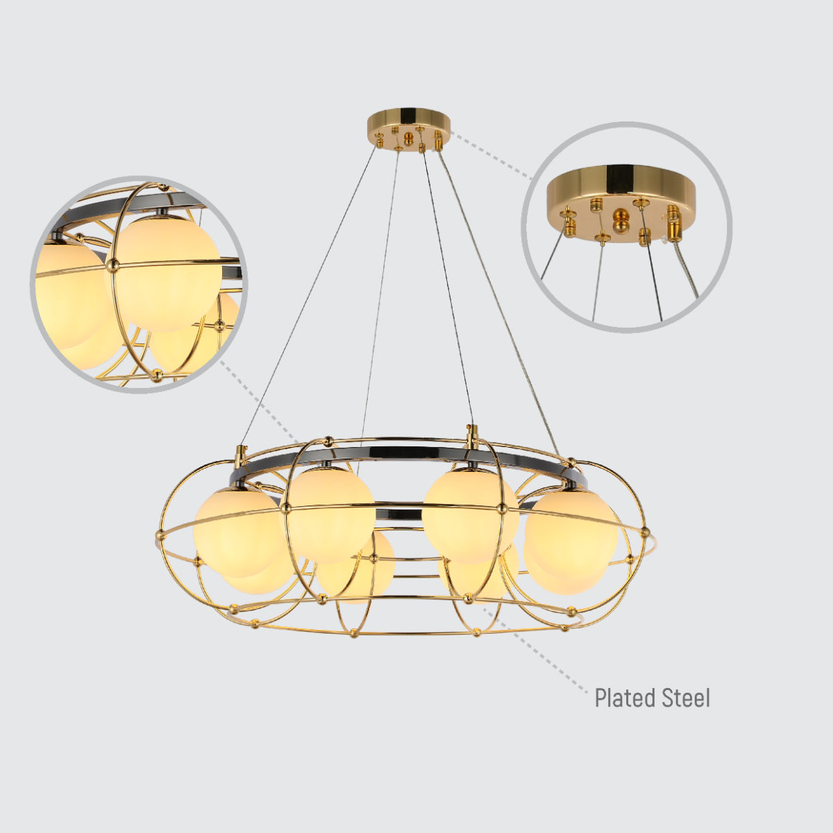 Lámpara de araña orbicular moderna, ideal para comedores con decoración vintage, con detalles geométricos en dorado.