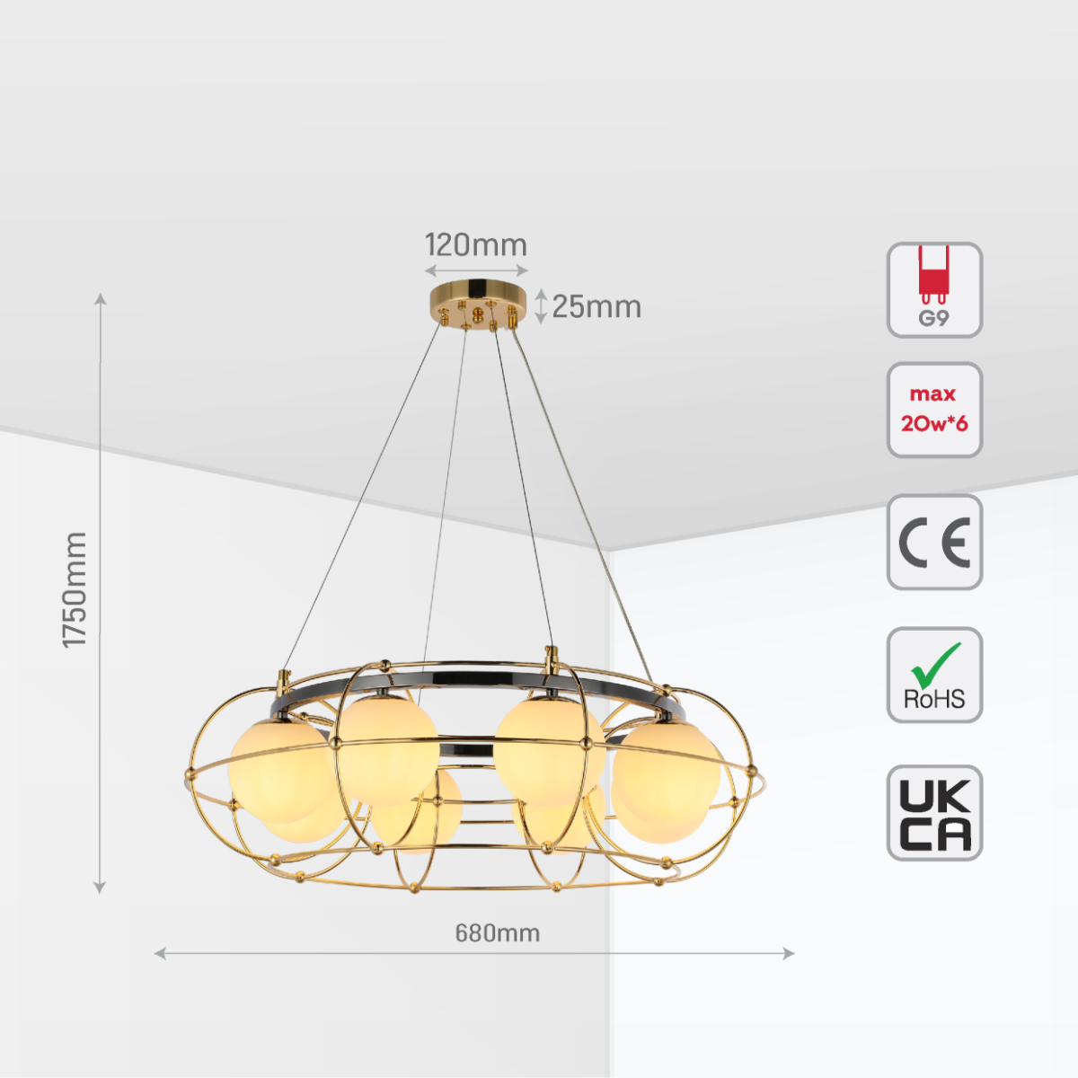 Lámpara de araña orb vintage moderna con detalles geométricos dorados, ideal para salones de estilo contemporáneo.