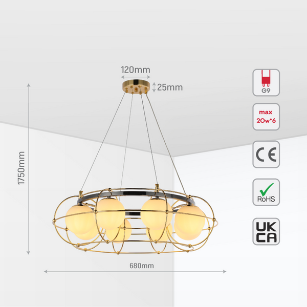 Lámpara de araña orb vintage moderna con detalles geométricos dorados, ideal para salones de estilo contemporáneo.