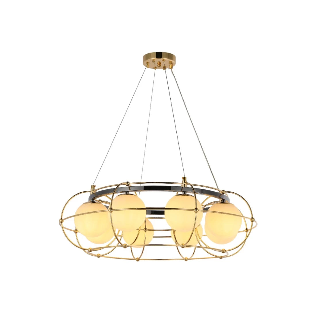 Lámpara de araña esférica vintage moderna con detalles geométricos dorados, ideal para espacios contemporáneos y salones elegantes.