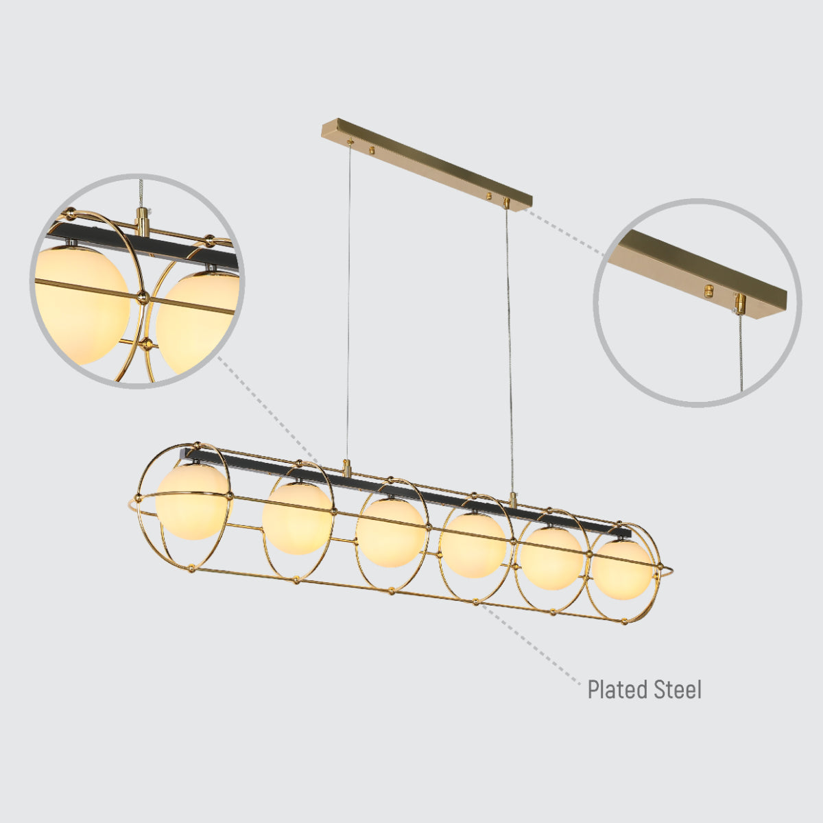 Lámpara de araña esférica vintage moderna con detalles geométricos en oro, perfecta para espacios contemporáneos y elegantes.