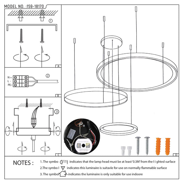 Manual de usuario para la Lámpara de Techo Colgante Moderna de LED Dinámica Aurora Flow (3 Aros Personalizables, CCT Ajustable)-159-18170
