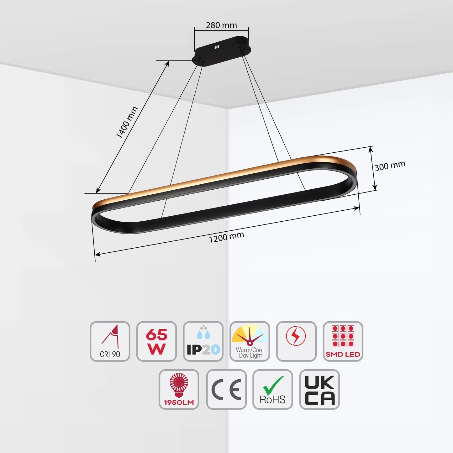 Lámpara Colgante LED Moderna en Negro y Dorado - Niveles Único, Doble, Triple y Oblonga