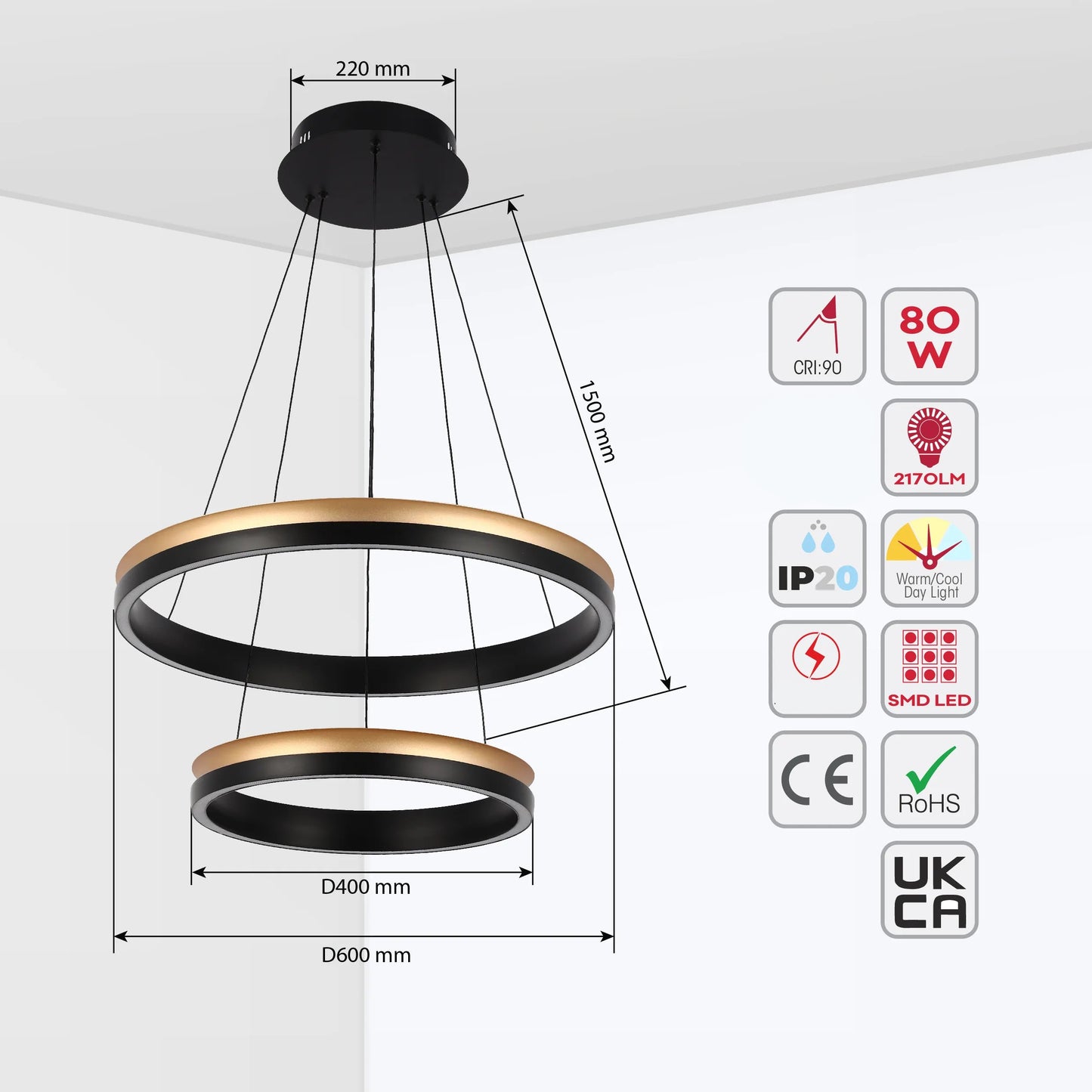 Lámpara Colgante LED Moderna en Negro y Dorado - Niveles Único, Doble, Triple y Oblonga