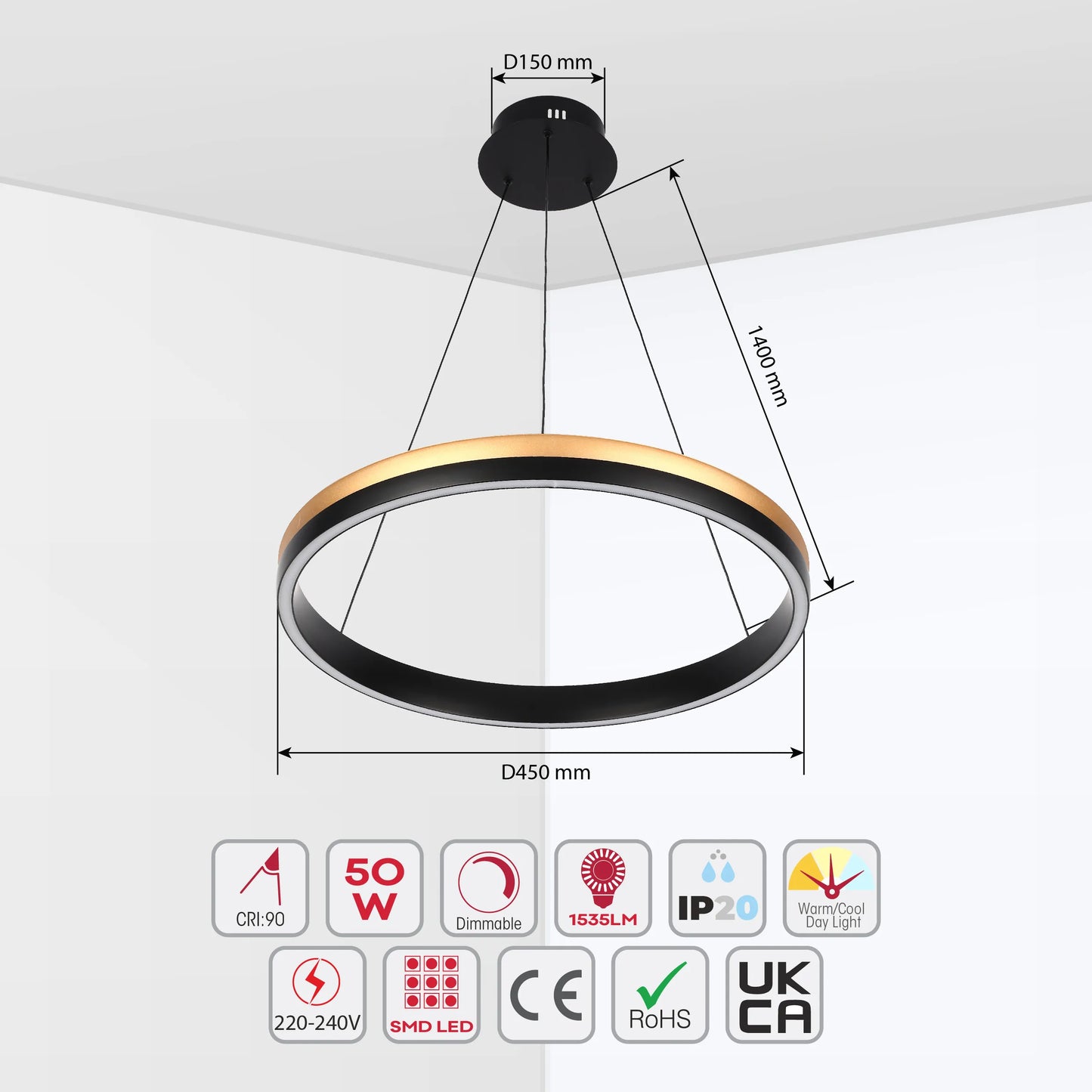 Lámpara Colgante LED Moderna en Negro y Dorado - Niveles Único, Doble, Triple y Oblonga