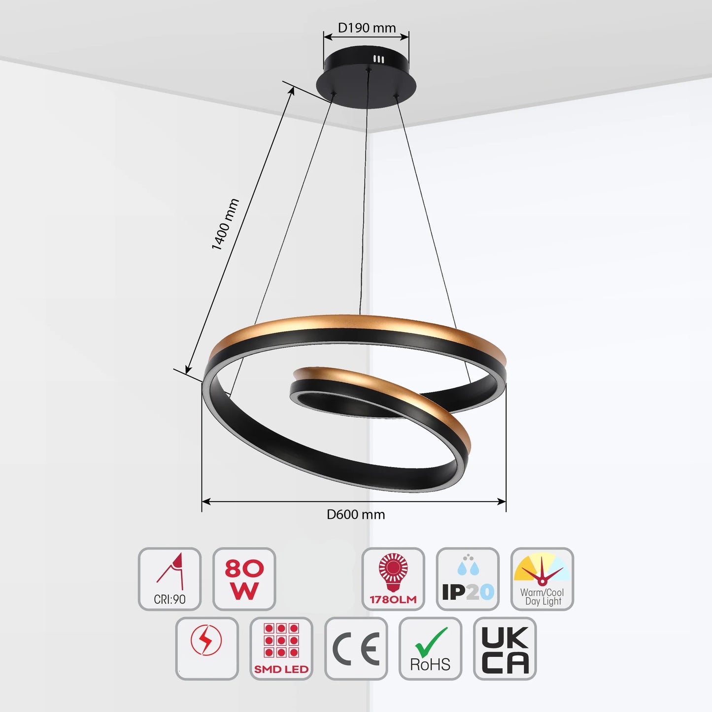 Lámpara Colgante LED Moderna en Negro y Dorado - Niveles Único, Doble, Triple y Oblonga