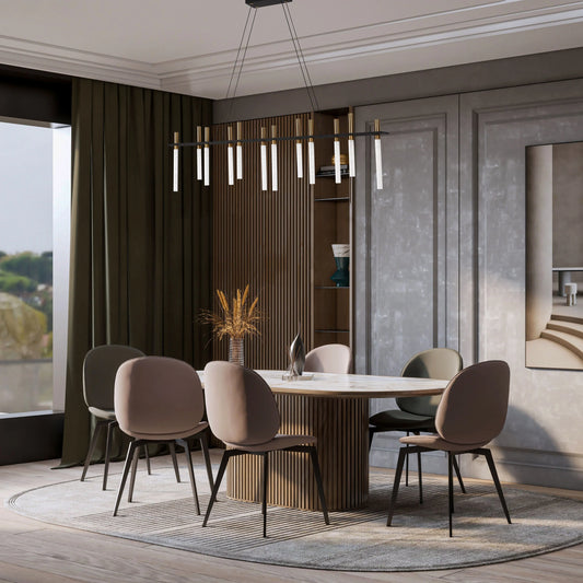 Lámpara de Araña Moderna en Negro y Latón con Tubos de Vidrio – Lineal y Circular