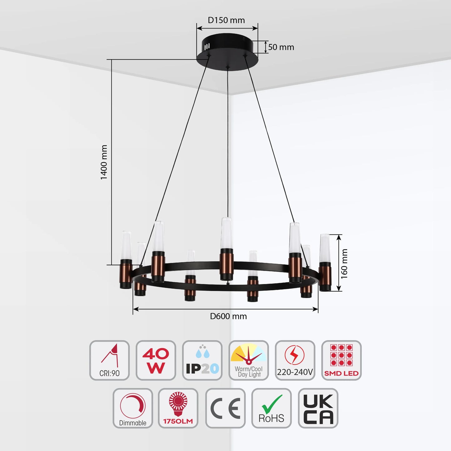 Lámpara de Araña LED Moderna en Negro y Cobre con Múltiples Niveles