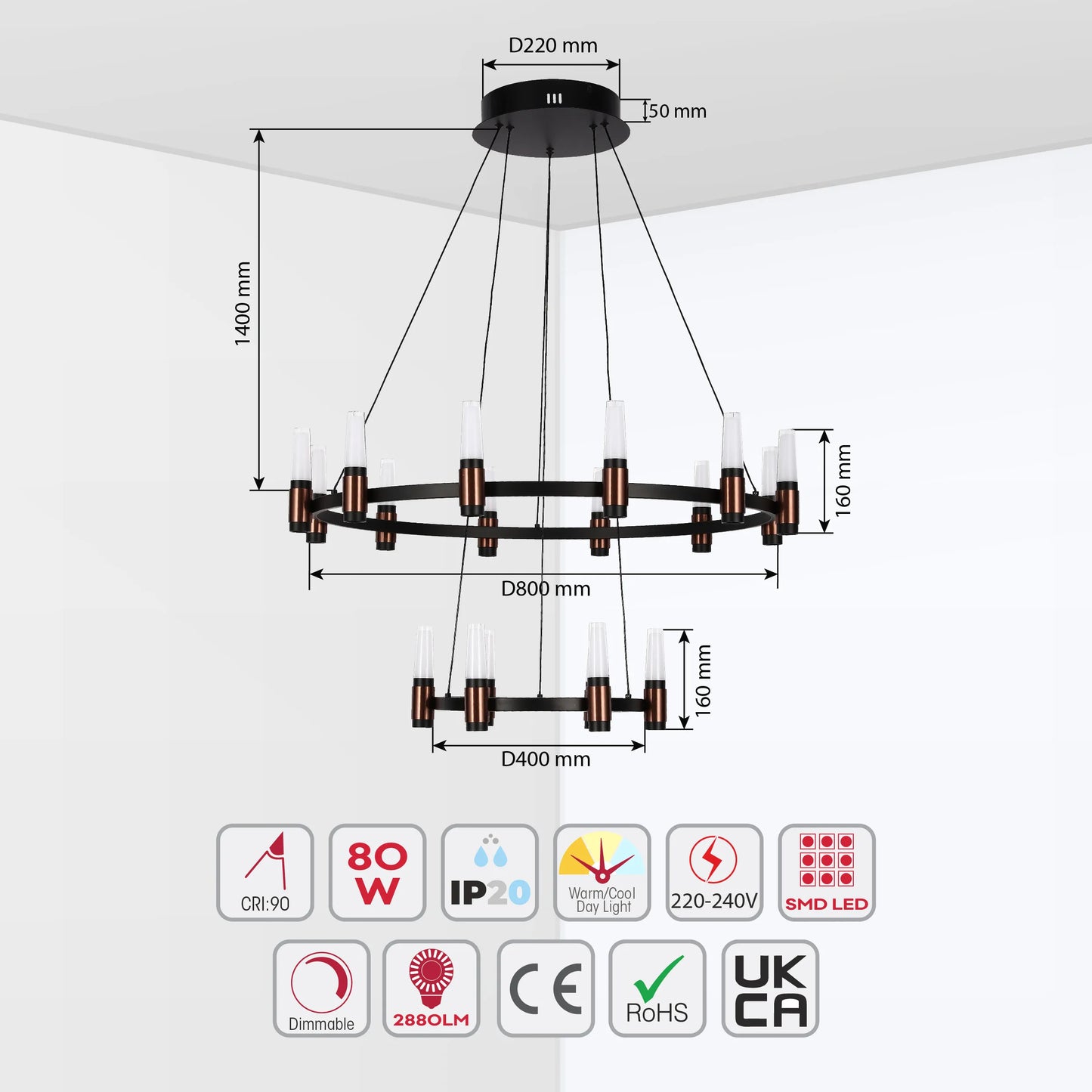 Lámpara de Araña LED Moderna en Negro y Cobre con Múltiples Niveles