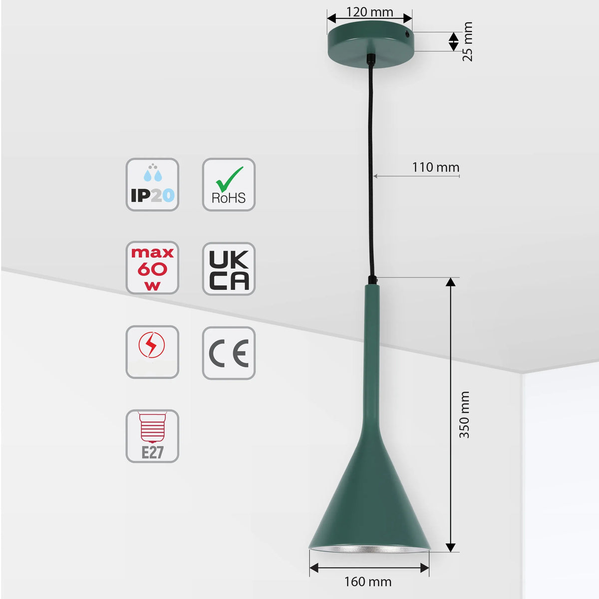 Lámpara colgante de techo de metal estilo nórdico moderno con forma de embudo, casquillo E27