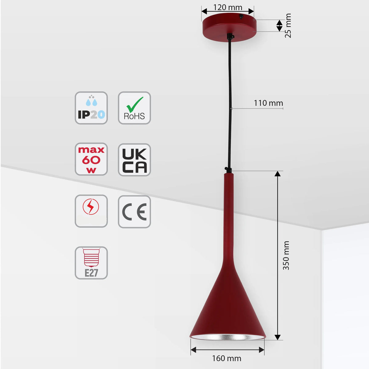 Lámpara colgante de techo de metal estilo nórdico moderno con forma de embudo, casquillo E27