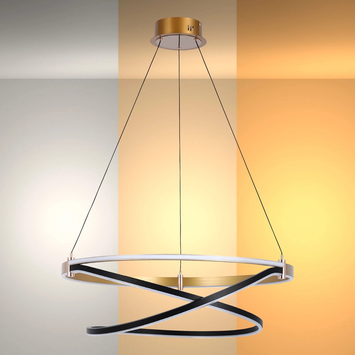 Lámpara Colgante LED Moderna de Aros en Negro y Dorado